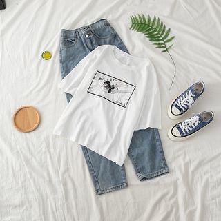 Short-sleeve Cartoon Round Neck T-shirt White - One Size