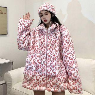 Leopard Fleece Zip Jacket With Cap - Pink - One Size