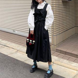 Long-sleeve Shirt / Bow-accent Midi A-line Pinafore Dress