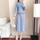 Set: Long-sleeve Button-up Knit Top + Midi A-line Mesh Skirt