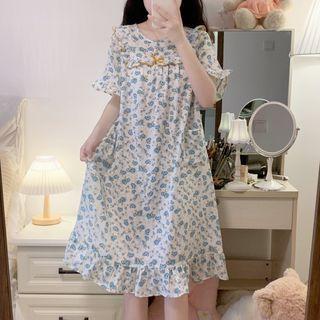 Elbow-sleeve Floral Midi Sleep Dress Blue & White - One Size