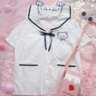Short-sleeve Sailor Collar Bear Embroidered Shirt White - One Size