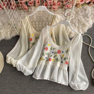 Embroidered Crochet-knit Panel Chiffon Blouse