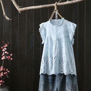 Sleeveless Round-neck Ruffle Trim Lace Cut-out Top