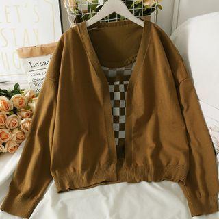 Checkerboard Camisole Top / Open-front Loose Cardigan