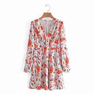 Long-sleeve Floral V-neck A-line Dress