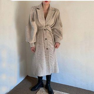 Long Sleeve Plain Woolen Plaid Coat Khaki - One Size