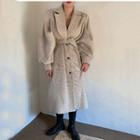 Long Sleeve Plain Woolen Plaid Coat Khaki - One Size