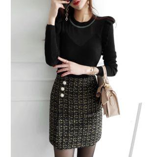 Sheer-yoke Ruffle-trim Knit Top