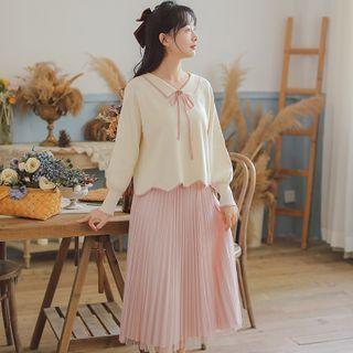 Collared Sweater / Accordion Pleat Midi A-line Skirt