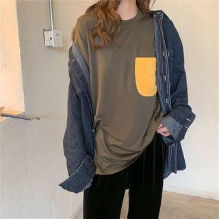 Contrast Pocket Elbow-sleeve T-shirt