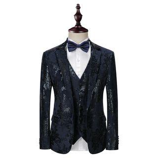 Set: Velvet Patterned Blazer + Vest + Dress Pants
