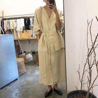 Elbow-sleeve Button Tie-waist Midi Shift Dress Beige - One Size