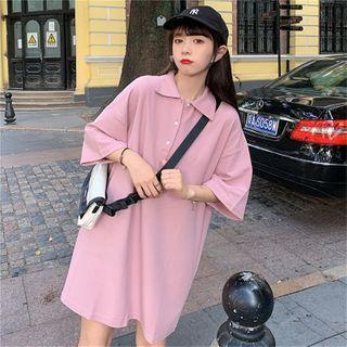 Elbow-sleeve Polo-neck Mini T-shirt Dress