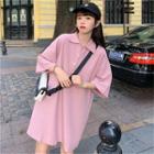 Elbow-sleeve Polo-neck Mini T-shirt Dress