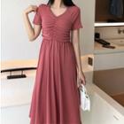 Shirred Front V-neck Plain Midi Dress