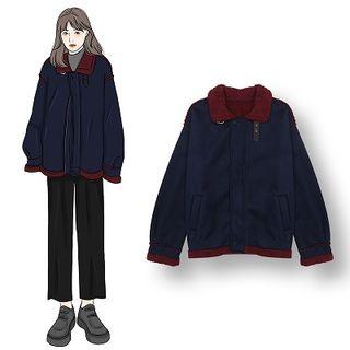 Faux Shearling Collar Zip Jacket Sapphire Blue - One Size