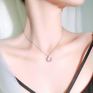 925 Sterling Silver Rhinestone Moon Pendant Necklace 1 Pcs - Silver - One Size