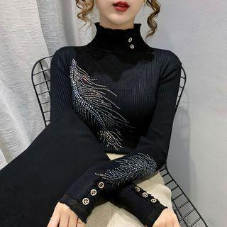 Long-sleeve Rhinestone Embellished Mock-neck Knit Top