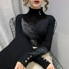 Long-sleeve Rhinestone Embellished Mock-neck Knit Top