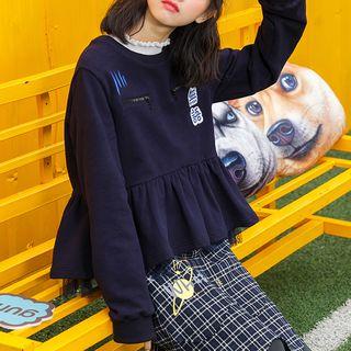 Embroidered Lace-panel Fleece-lined Blouse