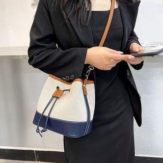 Color Block Drawstring Bucket Bag Dark Blue - One Size