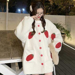 Strawberry Print Button-up Chenille Jacket White - One Size