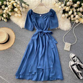 Short-sleeve Puff-sleeve Asymmetrical Dress