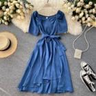Short-sleeve Puff-sleeve Asymmetrical Dress
