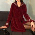 Long-sleeve Collared Mini A-line Dress Vintage Red - One Size