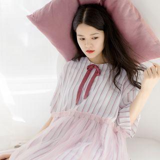 Mesh Panel Striped Elbow-sleeve A-line Midi Dress