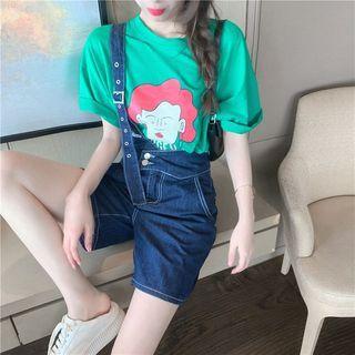 Elbow-sleeve Graphic Print Shirt / Suspender Denim Shorts