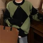 Color Block Argyle Round-neck Oversize Sweater Green & Black - One Size