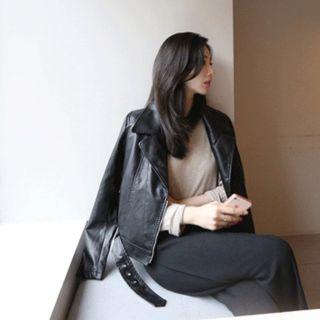 Faux-leather Biker Jacket Black - M