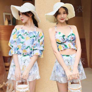 Set: Leaf Print Bikini Top + Swim Skirt + Cover-up