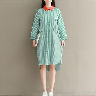 Contrast Collar Striped Long-sleeve Shirt Dress