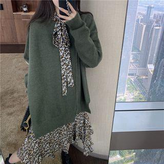 Long-sleeve Plain Sweater / Long-sleeve Tie Neck Animal Printed Dress