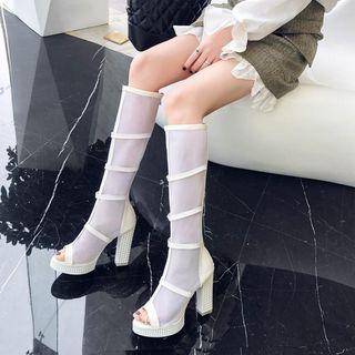 Mesh Panel Peep-toe Chunky Heel Tall Boots