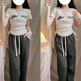 Short-sleeve Lettering Drawstring Knit Top