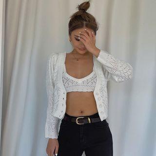 Set: Eyelet Cropped Knit Tank Top + Light Cardigan