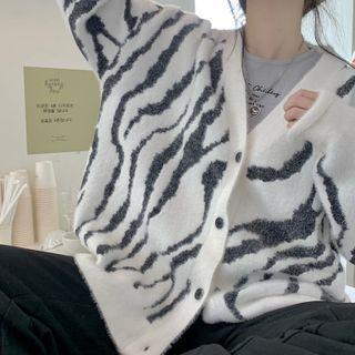 Zebra Print V-neck Cardigan Zebra - Black & White - One Size