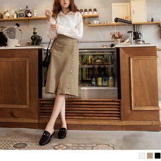 Slit-front Button-up A-line Skirt