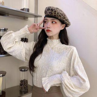 Mock-neck Puff-sleeve Smocked Blouse