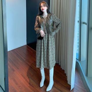Foral Chiffon Midi Dress / Faux-leather Vest