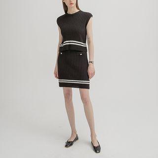 Knit Set: Contrast-trim Vest + Miniskirt