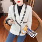 Collared Contrast Trim Double-breasted Fleece Jacket