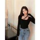 Long-sleeve Scoop-neck Strappy Fitted Top Black - One Size