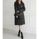 Hooded Double-breasted Padded Coat With Belt Black - One Size