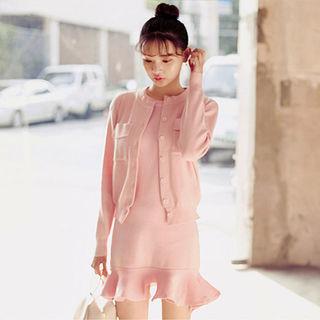 Set: Dual-pocket Cardigan + Sleeveless Ruffle-hem Knit Dress