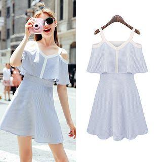 Cutout-shoulder Ruffle Gingham Dress